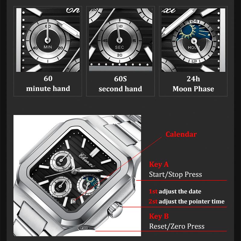 Fashion Men Watch Luminous Waterproof Chronograph Date Man Wristwatch Square Stainless Steel Quartz Men's Watches Reloj