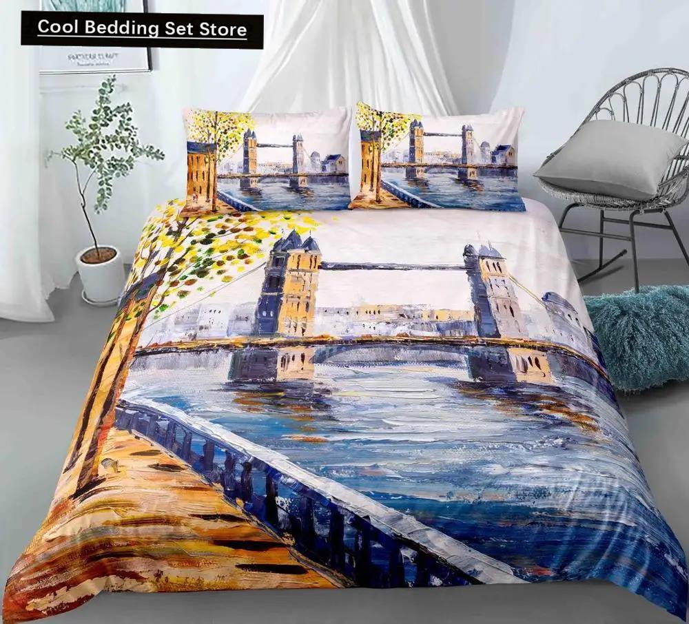 Comforter Oil Painting Landscape King Queen Natural Scenery Bedding Set Teen Adult Floral Ocean Building Polyester