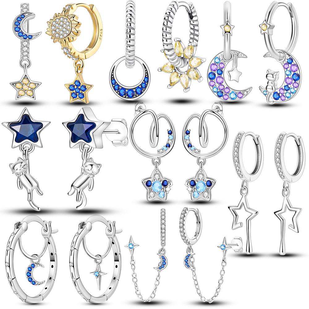 Original Design Hoop Earrings For Women 925 Silver Colorful Zircon Star Moon Series Elegant Jewelry DIY Making
