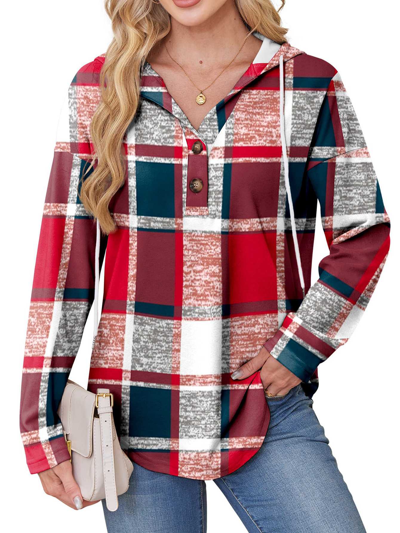 Женская клетчатая толстовка с капюшоном на пуговицах с V-образным вырезом с длинным рукавом XL 1830₽