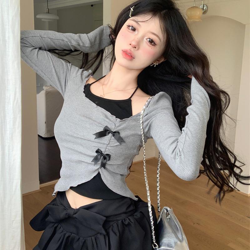 Sweet Cute Girly Style Irregular Long-sleeved T-shirt Halter Top Hot Girl Suit Female Autumn Two-piece Set Chic
