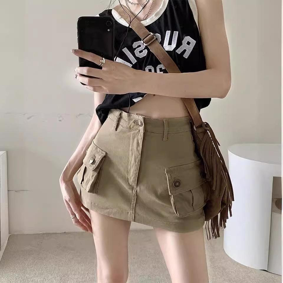 Khaki High-Waist A-Line Denim Skirt - Slim, Retro, Summer Style for Women