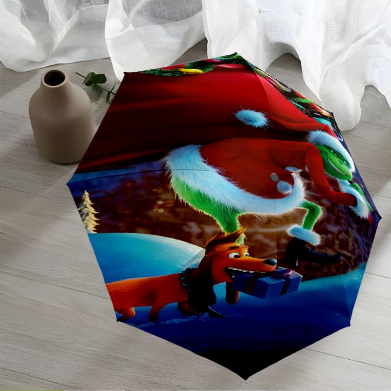 Umbrelă Automată cu Tematică Grinch, Ușoară și Portabilă, 8 Nervuri, Perfectă pentru Călătorii în Aer Liber, Zile de Naștere, Crăciun, Cadouri.