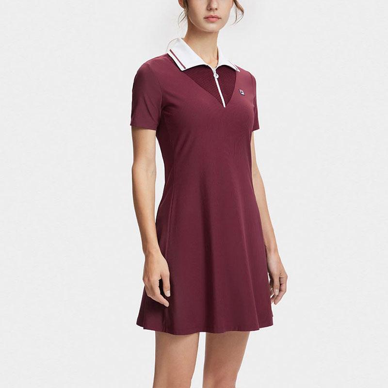 Fila Color Block Logo Tennis Polo Dress With Shorts Women Dresses Wine-Red A11W423304F-WI