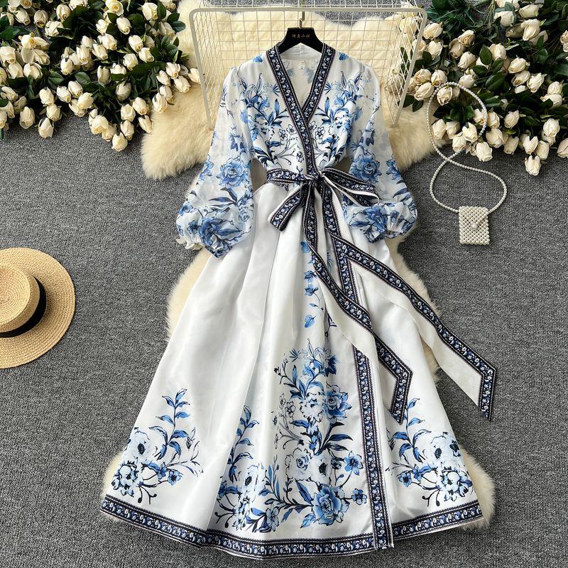 

Fashion Vintage Court Style Print Dress Women s Stylish Waist Trimming Lace up V-neck Lantern Sleeves Long Sleeve below the Knee Dress White 2XL