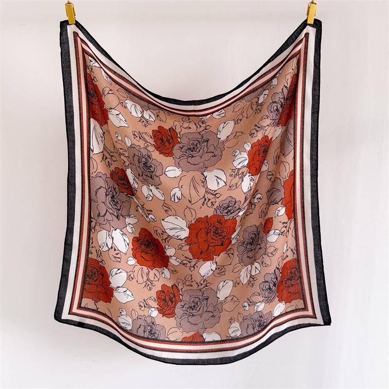 Satin Square Scarf Women Muslim Hijab 2026 Flower Print Silk Neckerchief Shawl Wraps Headband Handle Hair Bag Ribbon Bandana