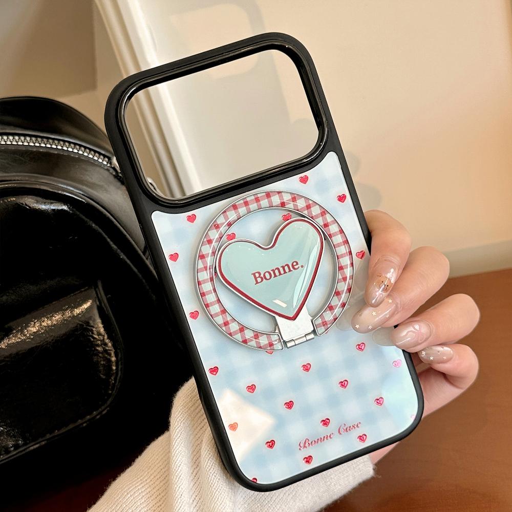 Gold-plated Blue Checkered Heart-shaped Apple IPhone 17 Pro Max Phone Case, Compatible with IPhone 16, 12, and 15 Magnetic Stand Phone Case