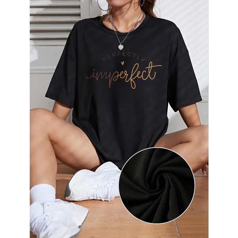 Women Plus Size Oversized "The Perfect Imperfection" Letter Print T-Shirt Round Neck Short Sleeve Loose Fit Spring Summer Fall Casual Top