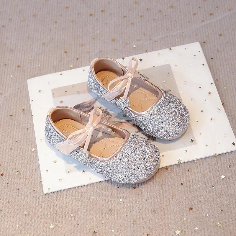

Girls Princess Shoes Round Toes Sweet Bows New Kids Dance Shoes Shiny Sequins Children Flats Pu Non-slip Performance Shoes 23 розовый