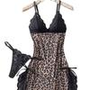 Europe, America and Other Popular V-neck Lace Mesh Leopard Print Suspender Nightdress Two-piece Set