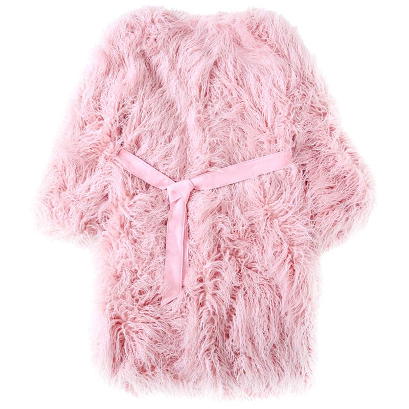 Pelliccia di lana marrone chiaro Cappotto di pelliccia finta edizione coreana Cappotto lungo da donna in lana marrone chiaro tinta unita Cintura in pelo di agnello