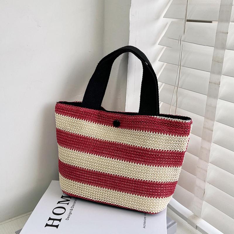 Summer Stripe Straw Bag Dam Casual Liten Väven Handväska Stor kapacitet Handgjord Strandrotting Tygväska