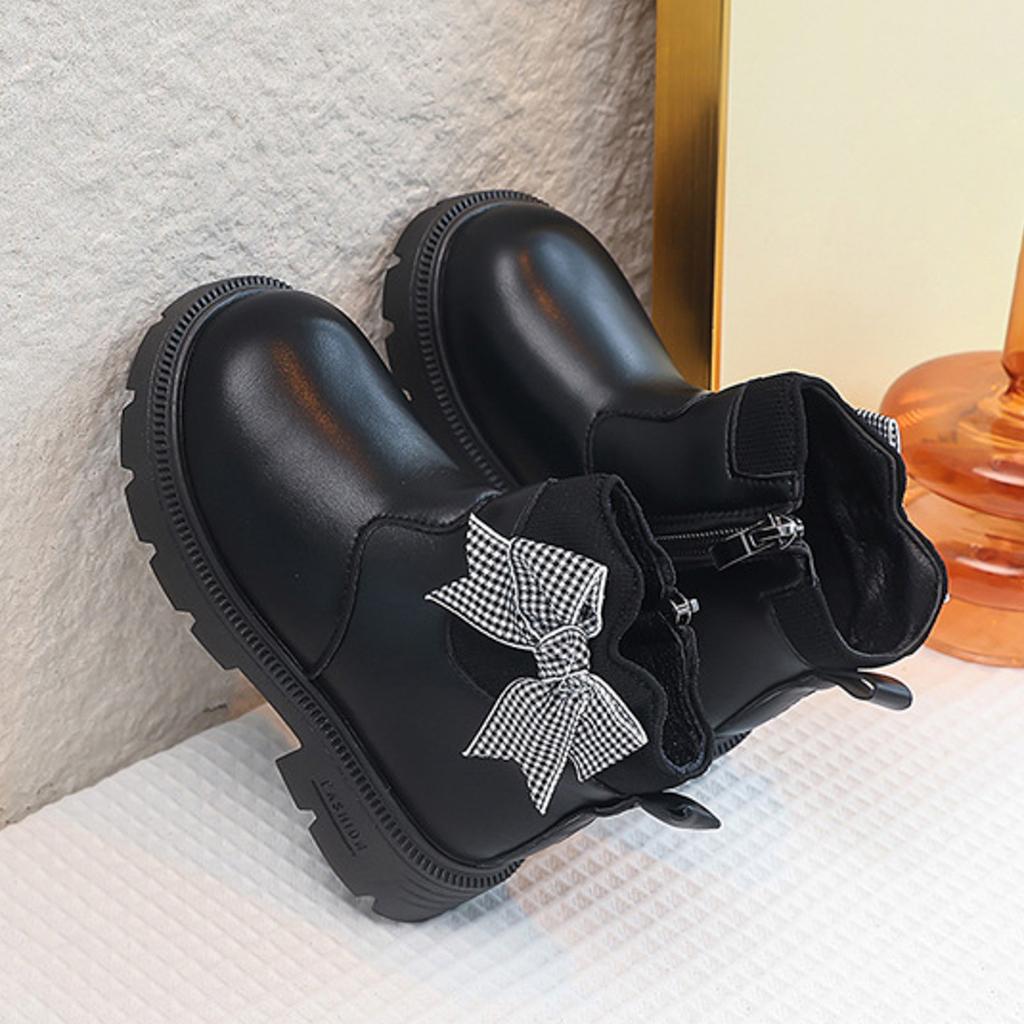Kids Princess Boots Girls High Top Side Zipper Plaid Tie Bow Autumn Winter Boots Children Soft Bottom Anti-Slip PU Leather Shoes