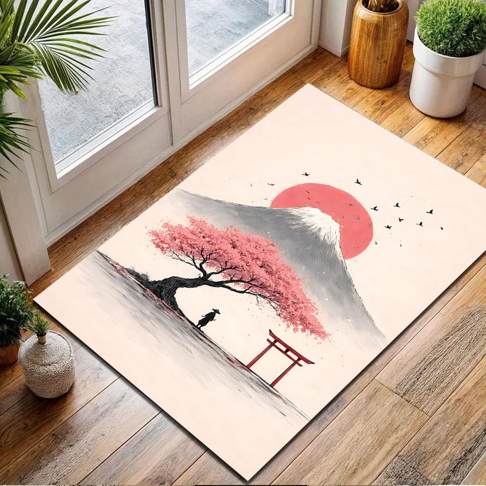 Mount Fuji with Sakura and Red Sun Patterned carpet, non slip mat suitable for living room and bedroom sofas