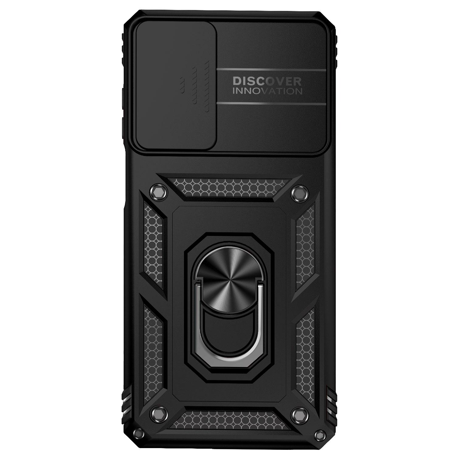 

For Motorola Moto G62 5G Metal Ring Kickstand PC+TPU Protective Back Cover Drop-proof Case with Slide Camera Lid Black