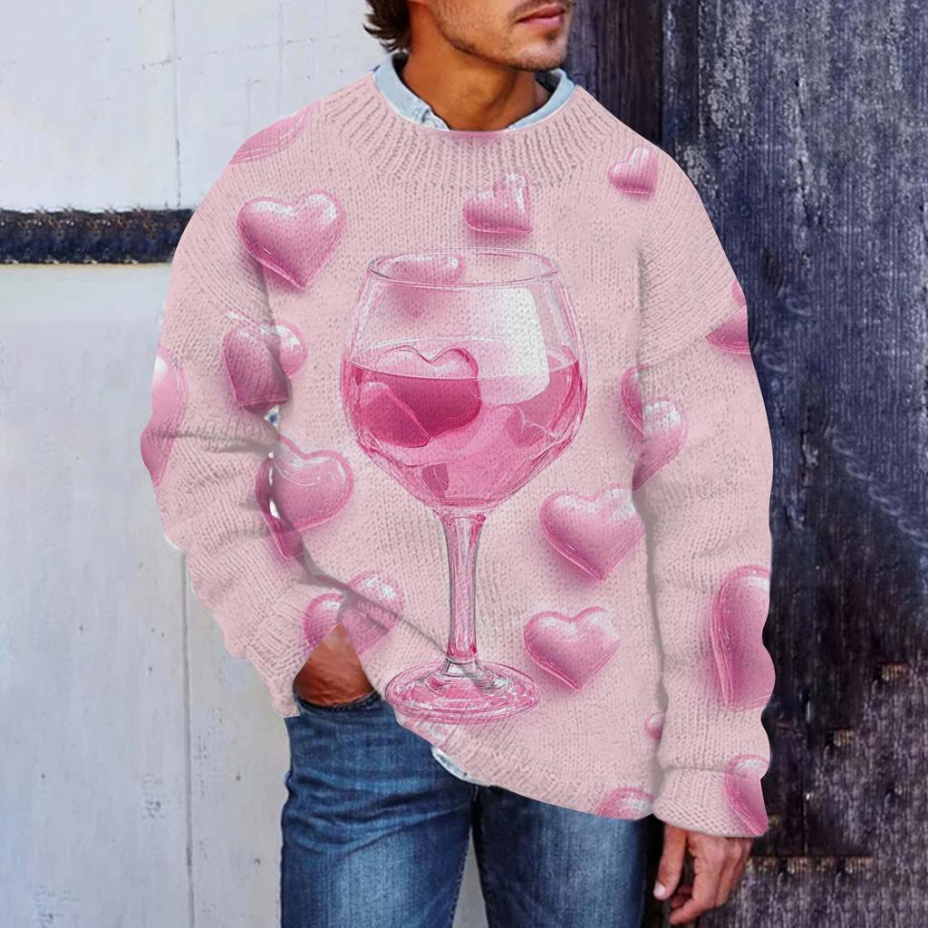 Pánský Valentýnský potisk Faux svetr, Mikina s kulatým výstřihem, Volný top s dlouhým rukávem