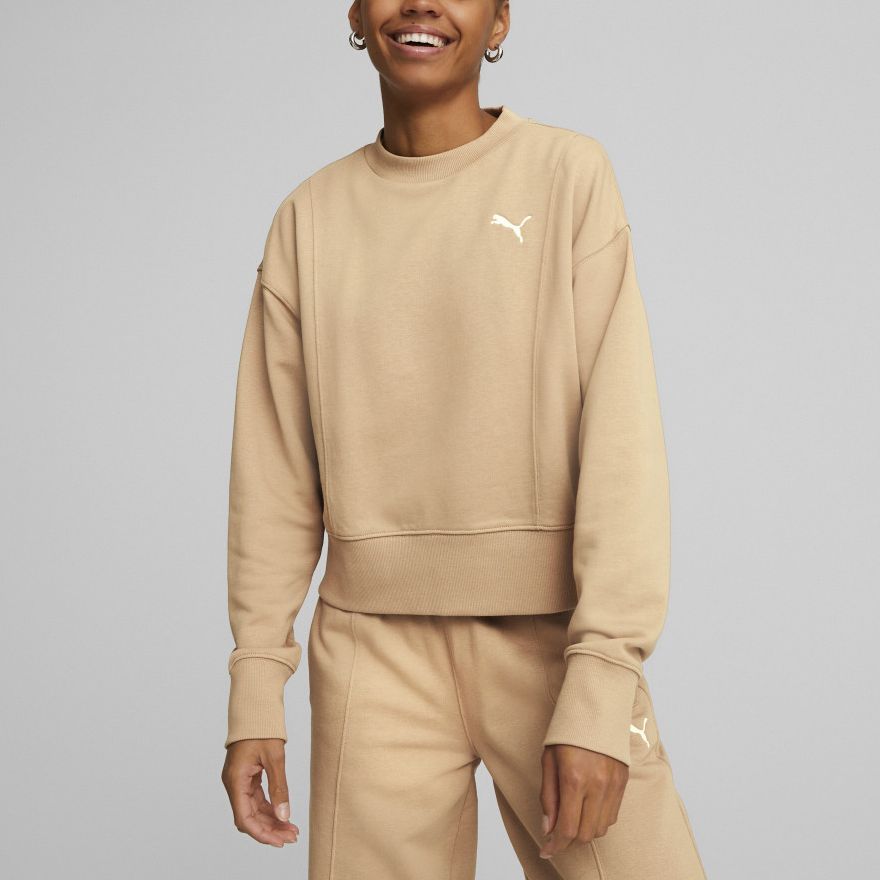 Puma Her Crew TR Solid Color Round Neck Sports Sweatshirt Women Sweatshirt Khaki 673109-89