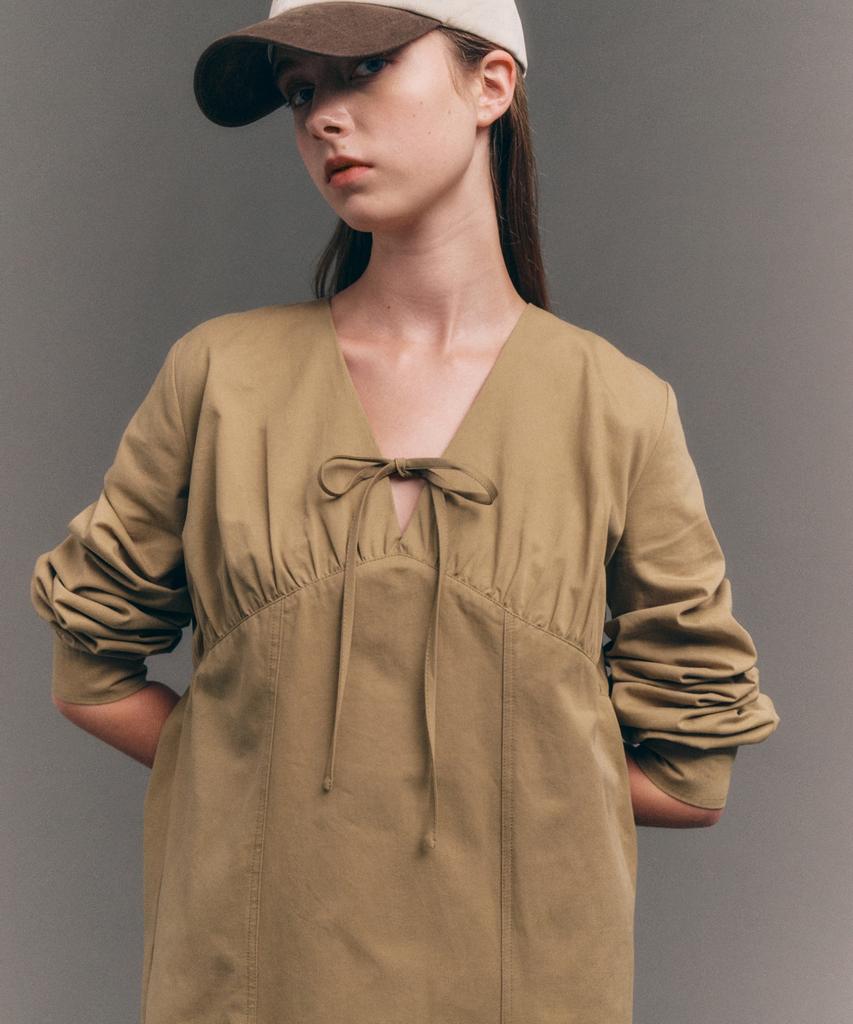 Seteo (W) Shirred Cotton Dress Beige