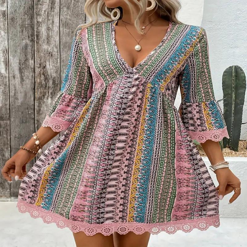 Vintage Printkleid Damen Mode Boho Sexy V-Ausschnitt Langarm Locker Kleider Für Frauen Sommer Urlaub Vestidos Damen Kleidung Neu