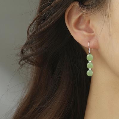 Three Hetian Jade Earrings Women'S New Chinese Style Personalized Long Style Showing Face Thin Ear Hook Literary And Fresh Round Bead Earrings