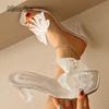 Fashion Lace Pearl Bowknot High Heel Slippers for Women Summer Square Toe Transparent Heeled Pvc Sandals Woman Fashion Party Dress Shoes
