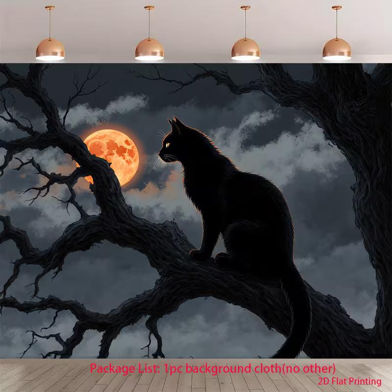

2D Black Cat Halloween Backdrop, Blood Moon Night Photography Background 47.2x31.5inch/120*80cm
