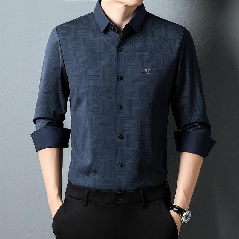 Spring and Autumn New Men's Casual Long-Sleeved Shirt Lapel Light Business Professional Seamless Adhesive Shirt Men