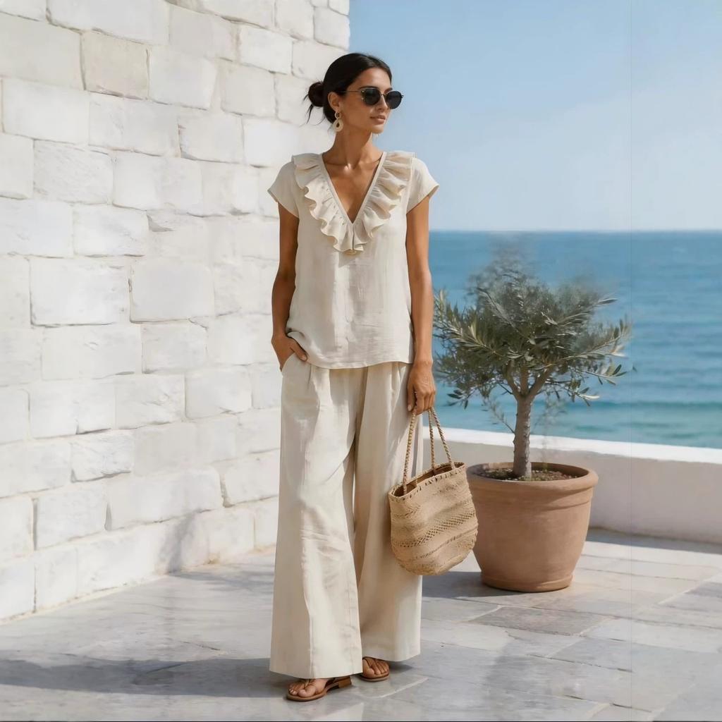 2026 Cross-border European and American romantic French light luxury vacation ruffle V-neck top and loose wide-leg pants set