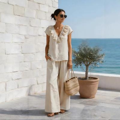 2026 Cross-border European and American Romantic French Light Luxury Vacation Ruffle V-neck Top and Loose Wide-leg Pants Set