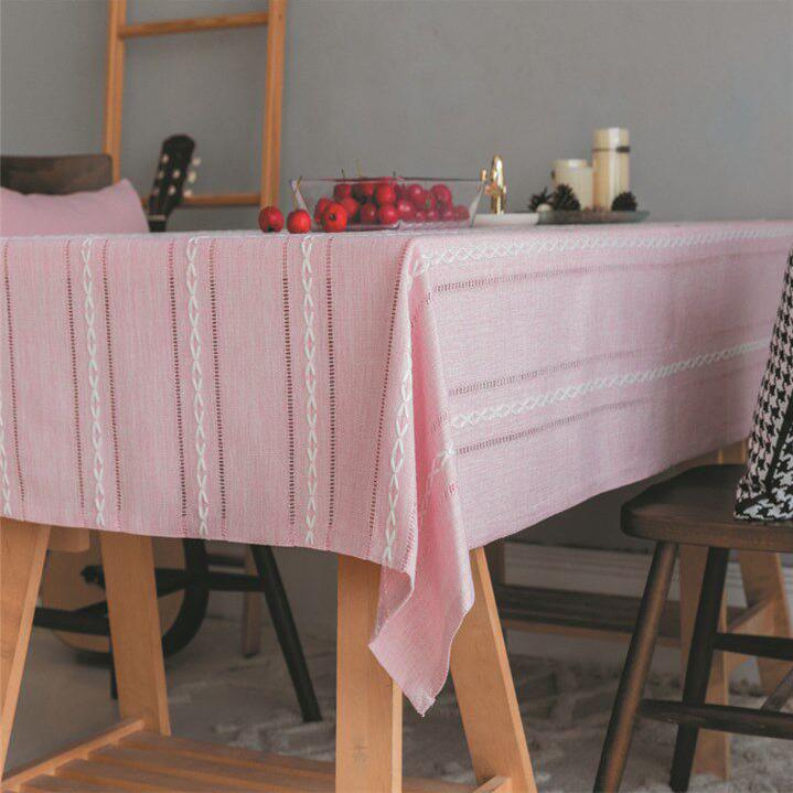 Boho Katoen Linnen Gehaakt Jacquard Tafelkleed Rechthoekig, Wasbaar Boerderij Tafelkleden voor Feest, Vakantie, Picknick, Eten, Buiten, Herfst 100x160cm roze