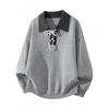 Mens Contrast Color Collar Knit Sweater High Quality Casual Long Sleeve Pullover Young Adults