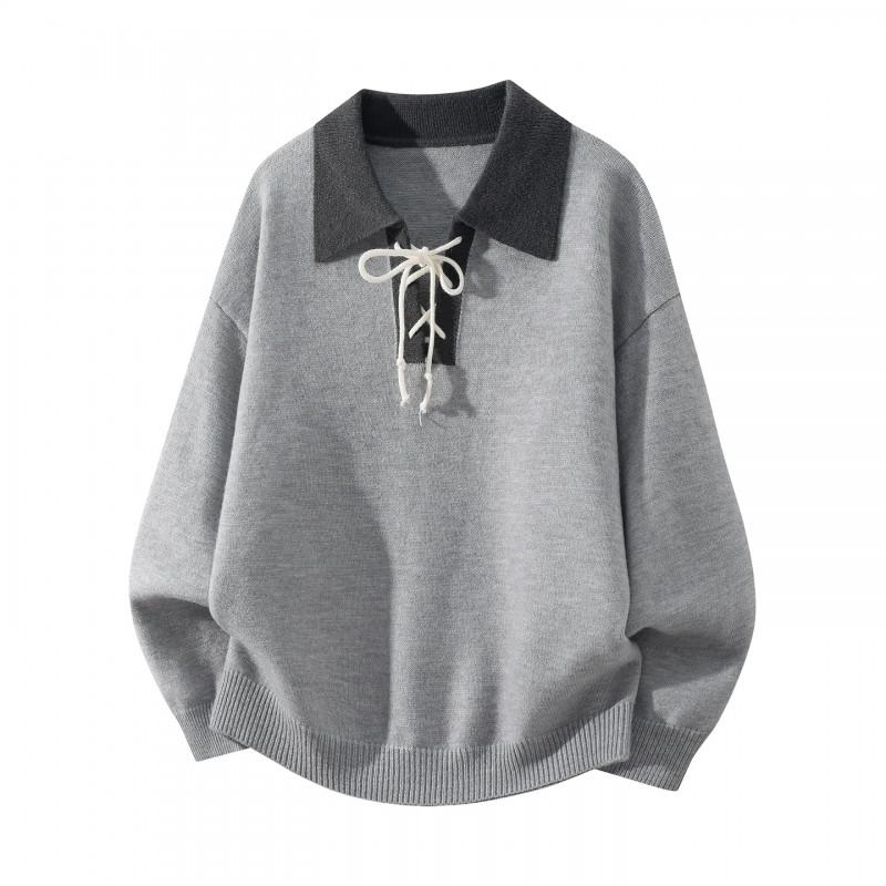 Mens Contrast Color Collar Knit Sweater High Quality Casual Long Sleeve Pullover Young Adults