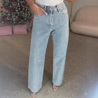 Faux-Perlen-Jeans für Damen High Waist Straight Leg Stretch-Denim-Hose Lässig Weitbein Perlenbesetzte Baggy-Hose