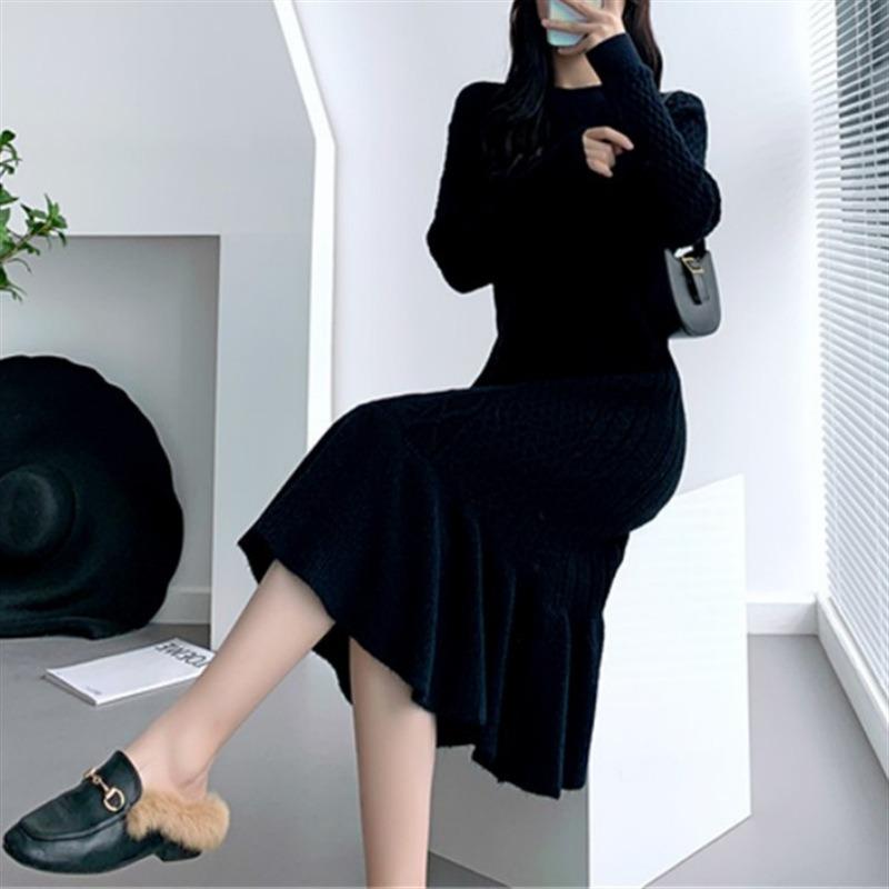 

Утолщенный ленивый ветер твист свитер с круглым вырезом вязаная юбка осень и зима удлиненная до колена юбка годе с подкладкой для пальто женщины one size fits all чёрный