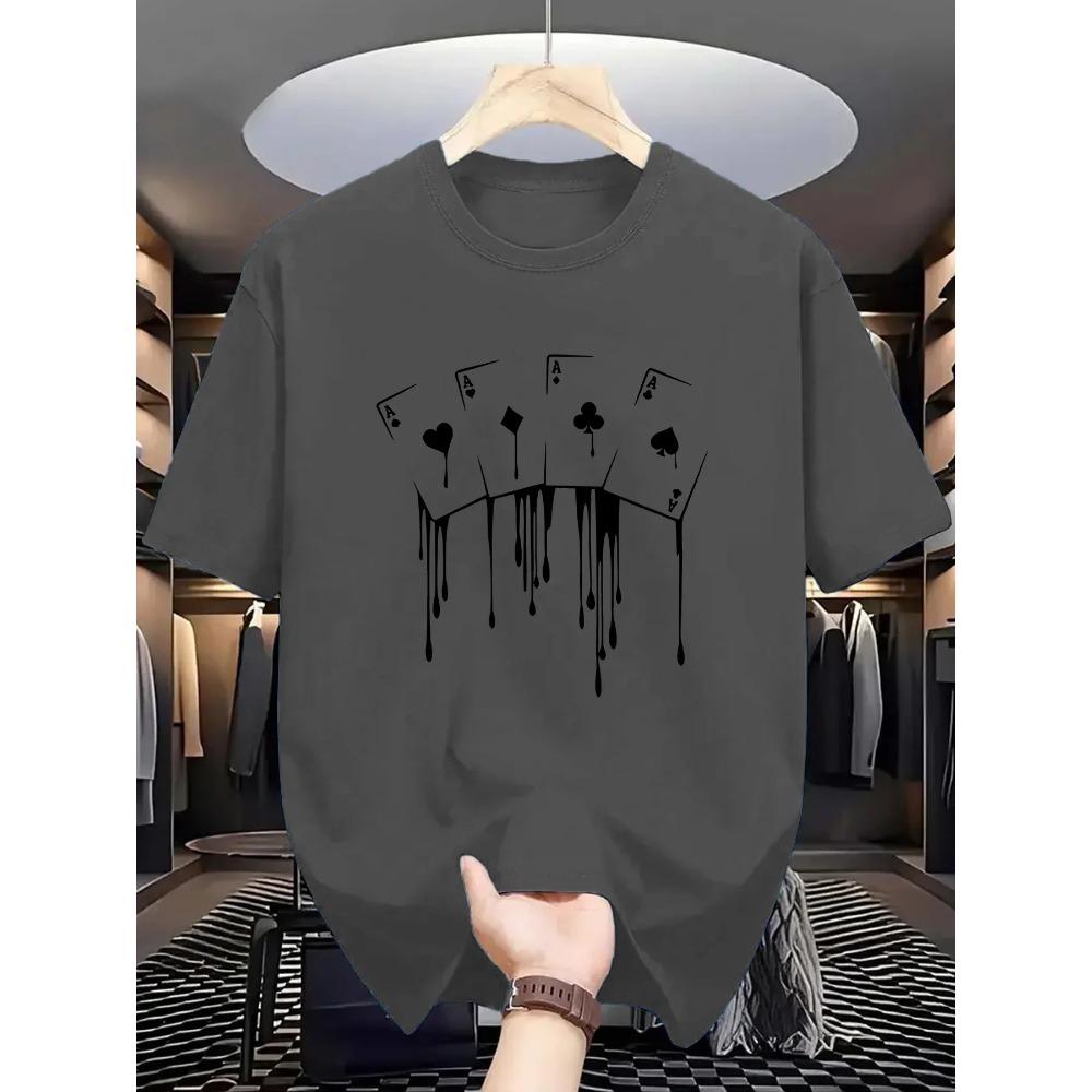Summer Men's 100 Cotton Casual Loose Plus Size Poker Card Pattern Printed Sports Comfortable Round Neck Short Sleeve T-shirt