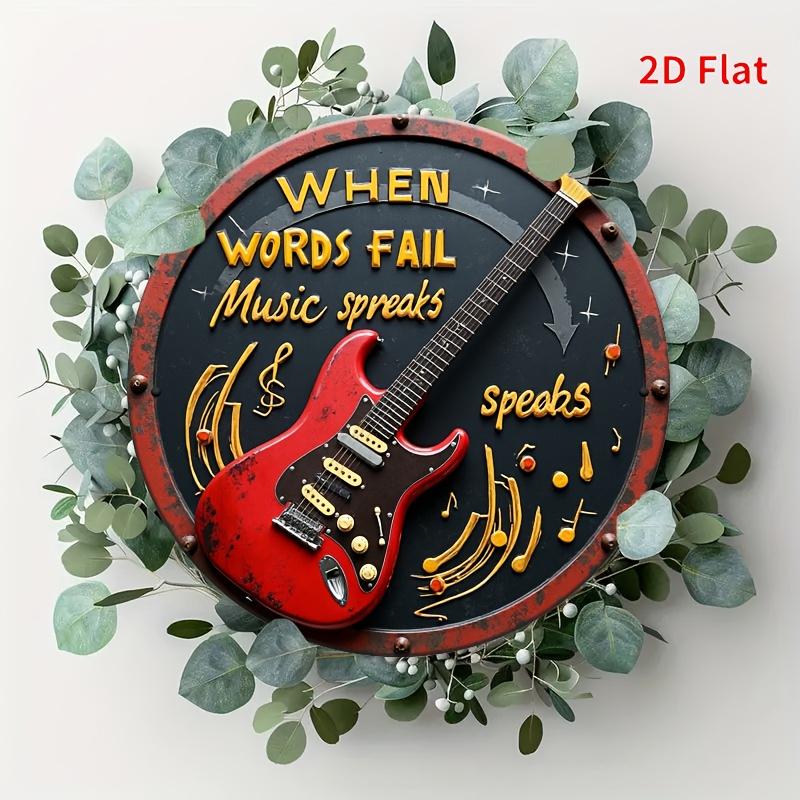 When Words Fail Music Speaks Red Electric Guitar Round Metal Sign D Flat Printed Vintage Music Quote Tin Plaque Rustic Musi 20x20cm(8x8inch)