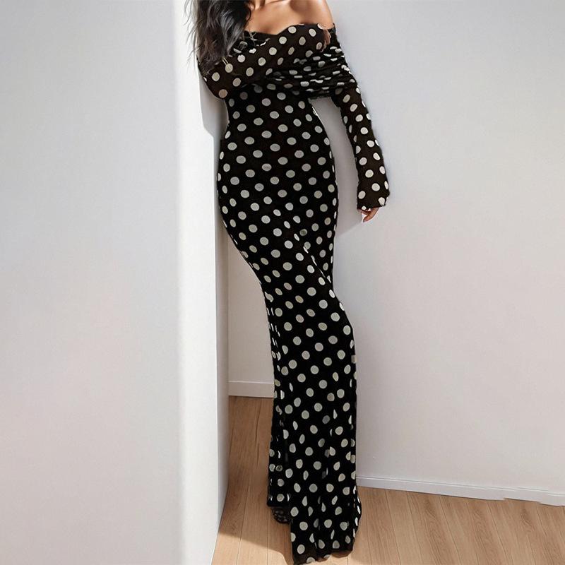 Women s 2026 Spring Retro Polka Dot One-Shoulder Dress M