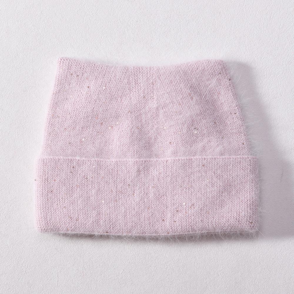 Autumn and winter new solid color cat ear angora long rabbit hair with small sequins warm wool hat knitted hat