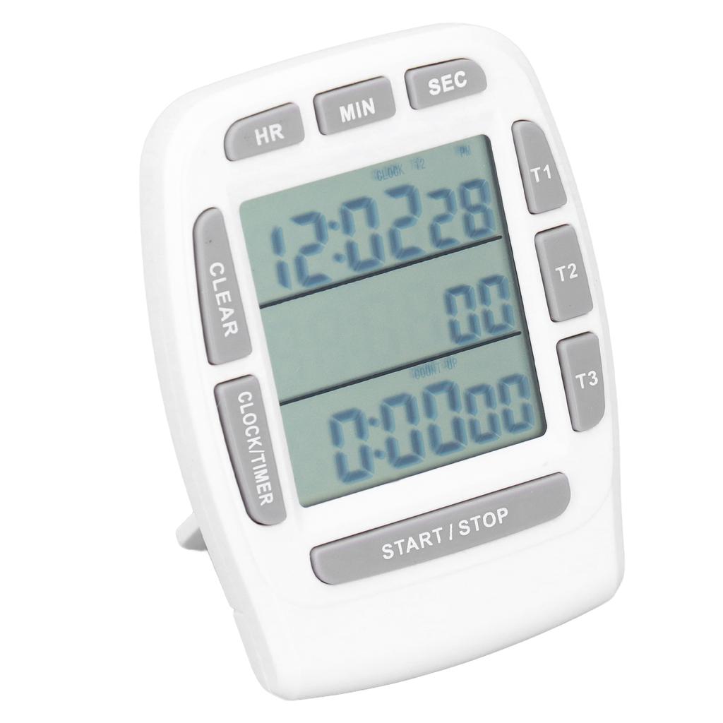 Triple Timer Clock Count Down Up 4.0x4.4cm LCD Display Multifunction White Builtin Battery