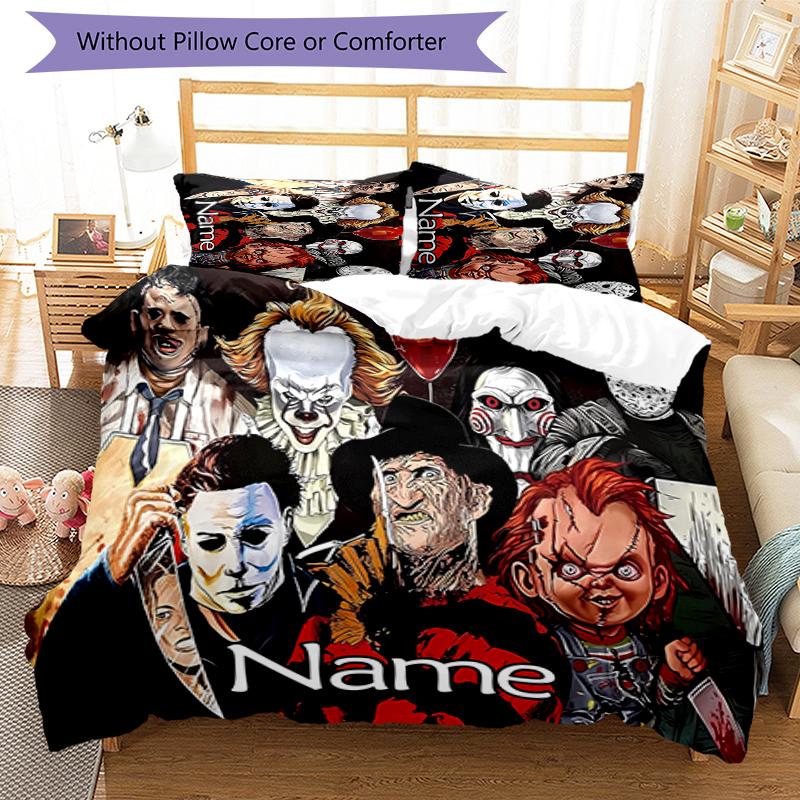 3pcs Custom Name Cartoon Horror movies Bedding Set Duvet Cover Closure Includes 1 Duvet Cover & 2 Pillowcases for All Seasons Bedroom Decor