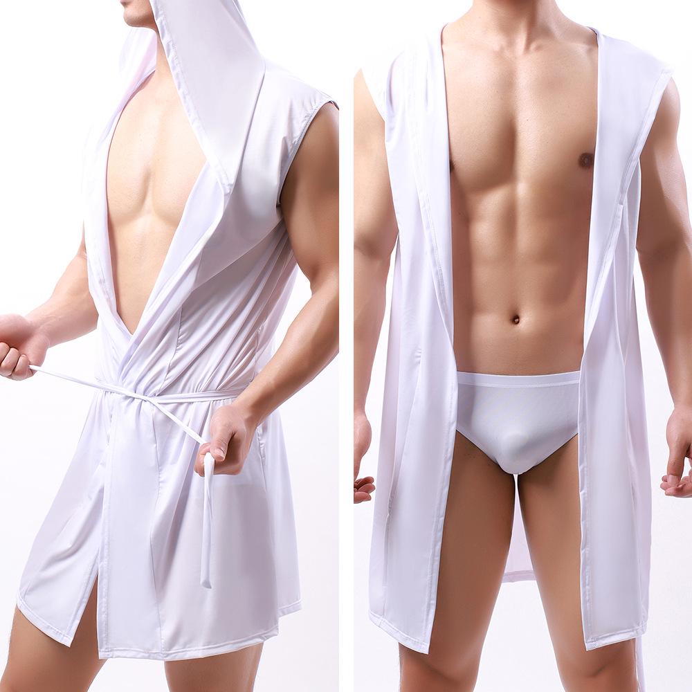 

European Style Ice Cool Milk Silk Men s Hooded Sleeveless Bathrobe & Pajama Underwear Set XL белый