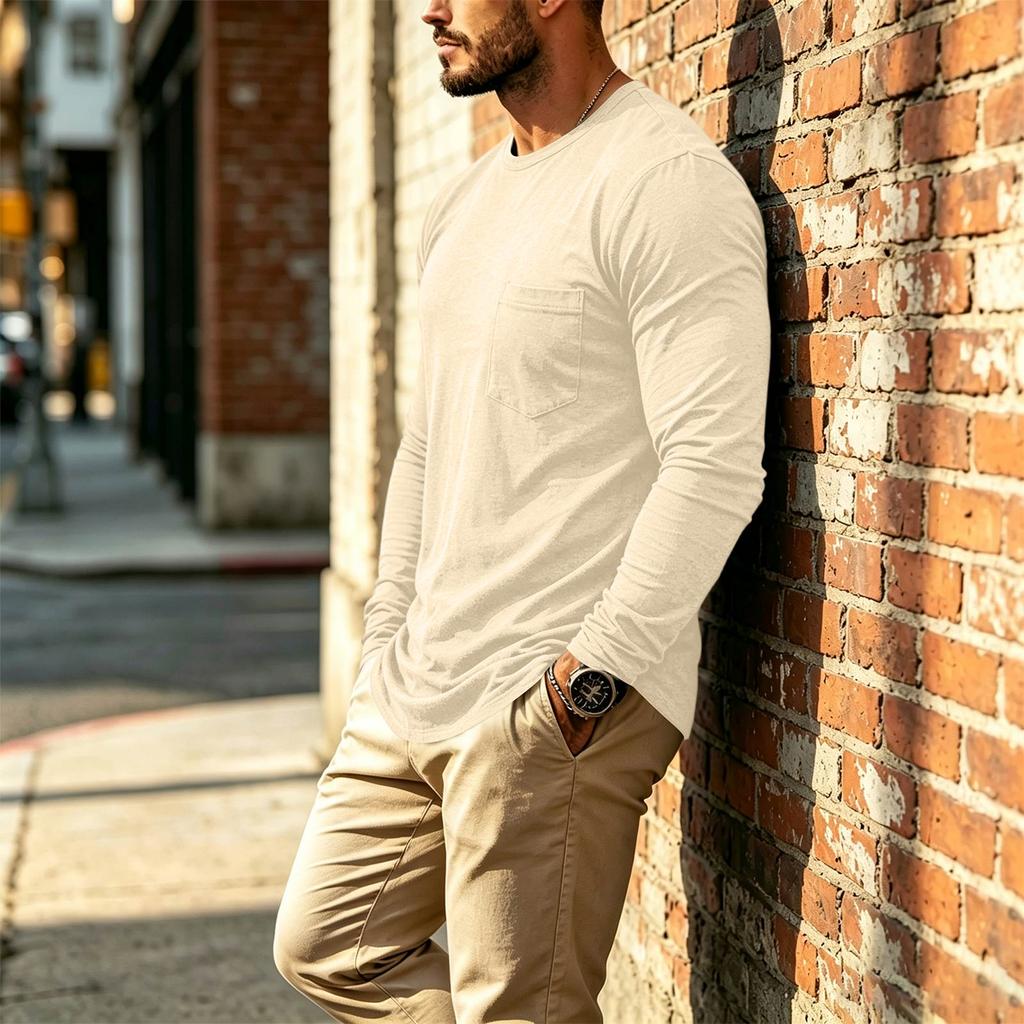 Men's Casual Long Sleeve Round Neck T-Shirt with Pocket for Everyday Wear