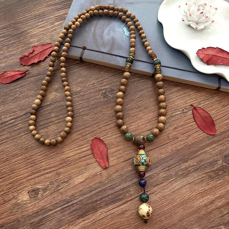 Colier lung etnic retro nepalez cu aripi de pui din lemn și margele Bodhi - Accesoriu de modă unisex