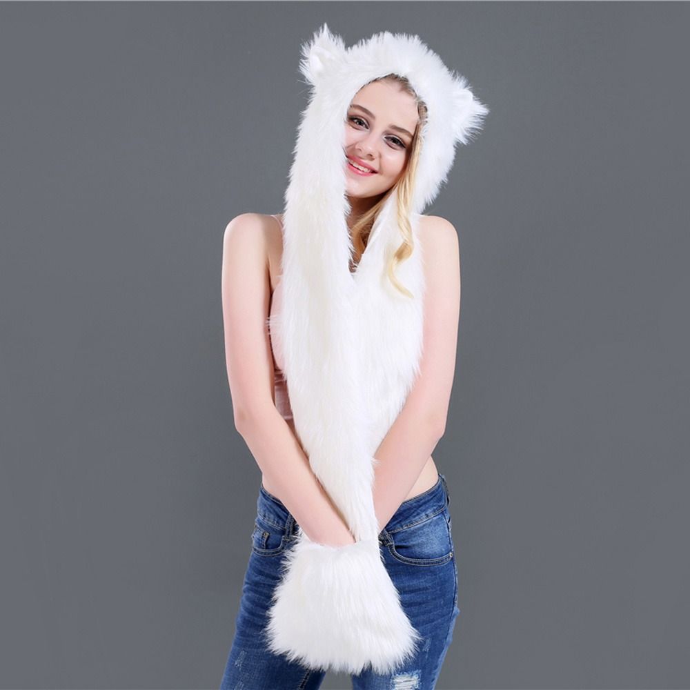 Fluffy Plush Scarf Gloves Hat Set Warm Animal Hat Windproof Winter Cap  Outdoor