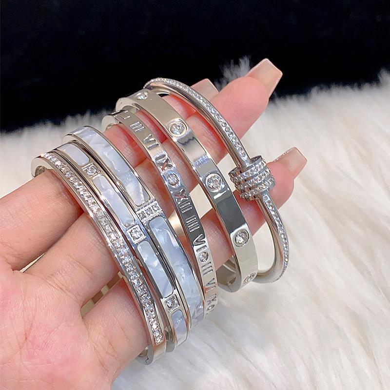 High-End Women's Silver Titanium Steel Zircon Bangle Bracelet