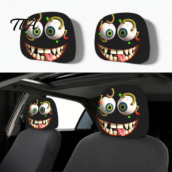 Cartoon Seat Decor 2Pcs Spooky Car Headrest Covers, Evil Face Auto Breathable Interior Protectors, Elastic Protectors for Cars Trucks SUVs Polyester