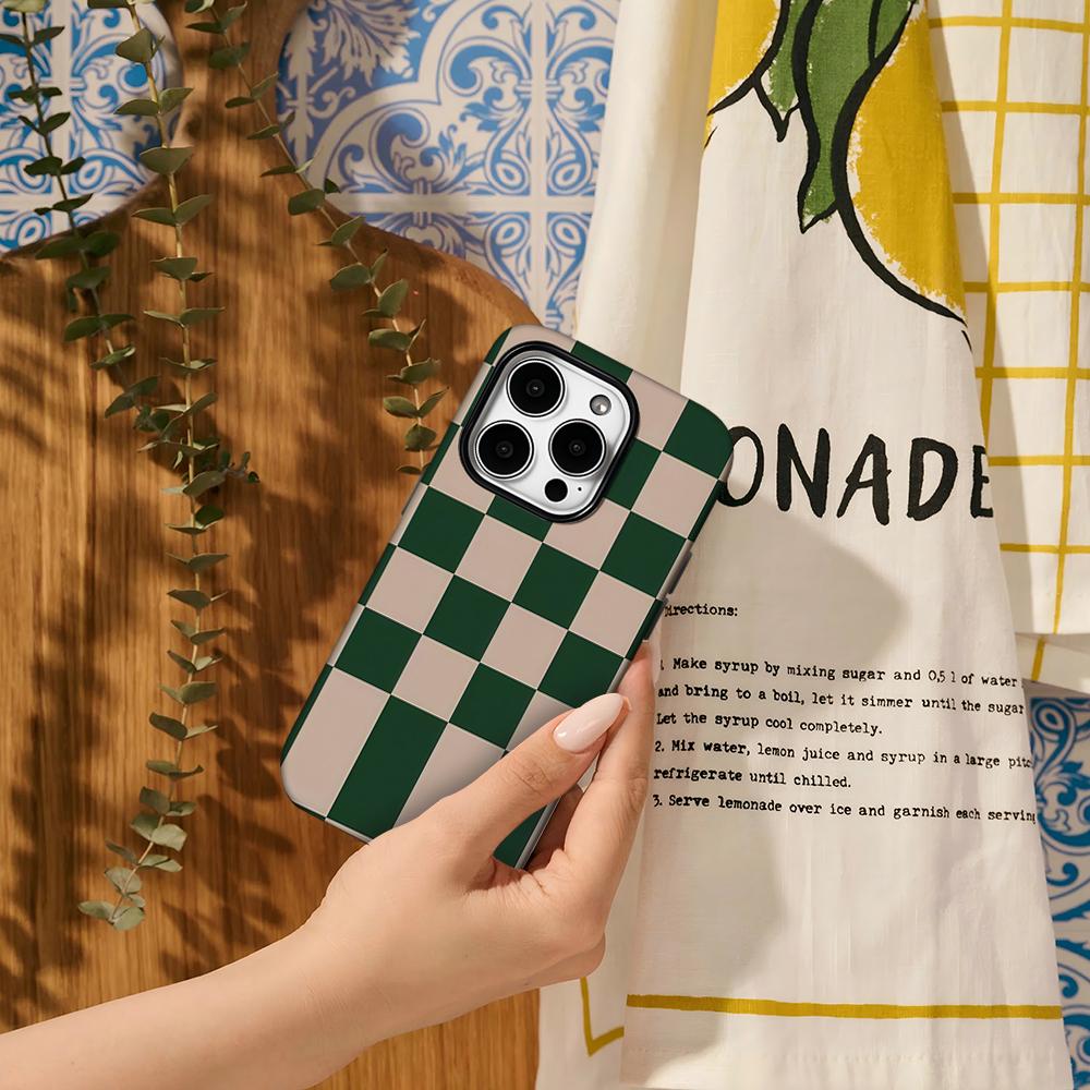 Green Checkerboard Phone Case for IPhone 16 15 14 13 12 11 X XS XR XSMAX 7 8 Pro Max Plus Double-layer Back Cover