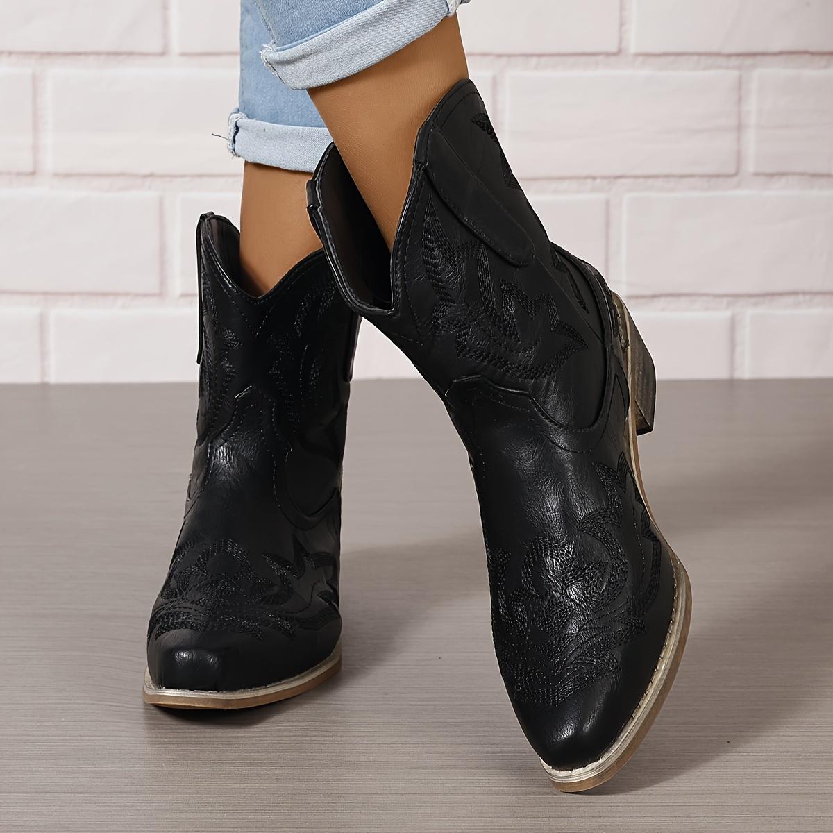 

Vintage Floral Embroidered Pointed-Toe Ankle Boots - Turquoise Faux Cover Slip-On Chunky Mid-Heel Shoes with Rubber Sole & Fabric Lining Size 36