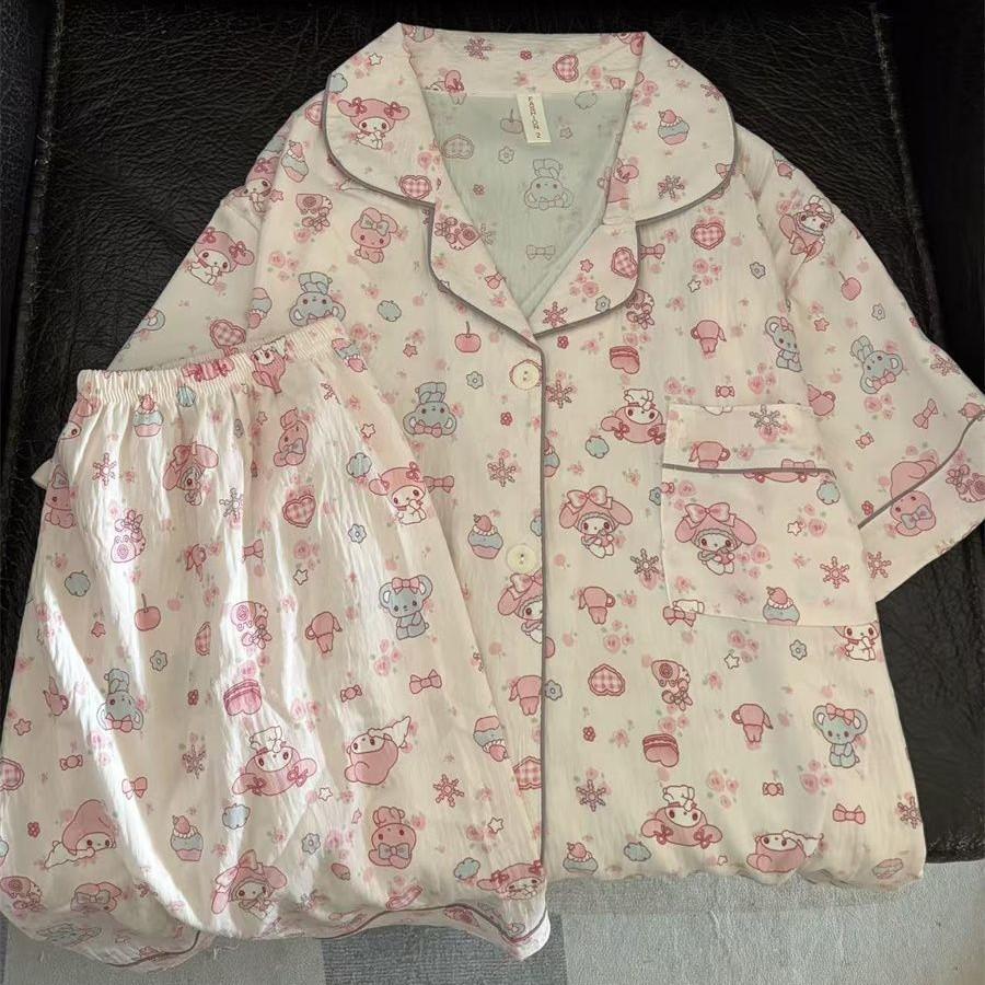 

Full of pink Melody pajamas women s short-sleeved shorts cardigan two-piece set girl casual princess style loungewear S