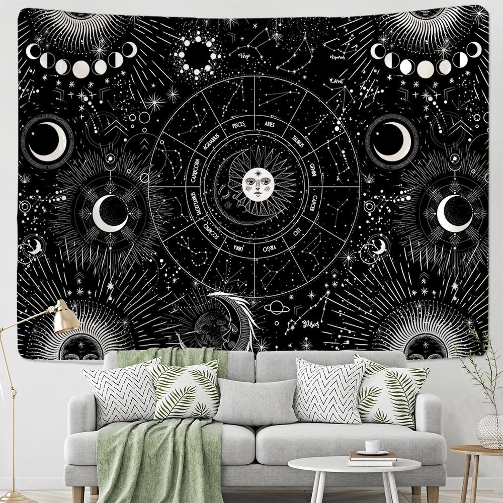 Sun Moon Tapestry Black White Starry Sky Wall Hanging Astrology Divination Matwitchcraft Hippie Mandalas Psychedelic Taiji Decor